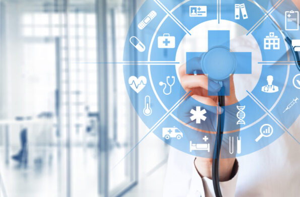 Health care and medical concept, circular AR interface, female doctor